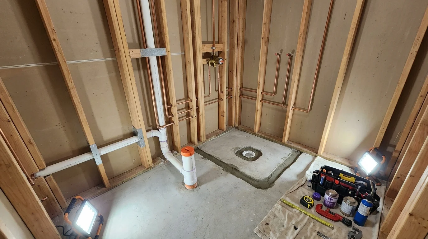Bathroom rough-in plumbing during remodel by Johns Plumbing LLC in Sundance