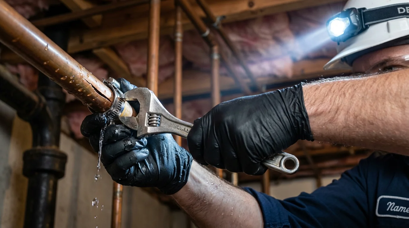 Emergency pipe clamp repair being performed by a Johns Plumbing LLC plumber in Sundance