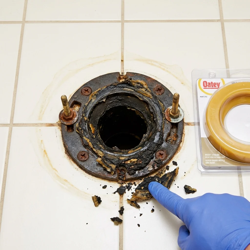 Failed wax ring showing water seepage at the base of a toilet in a Sundance, WY home